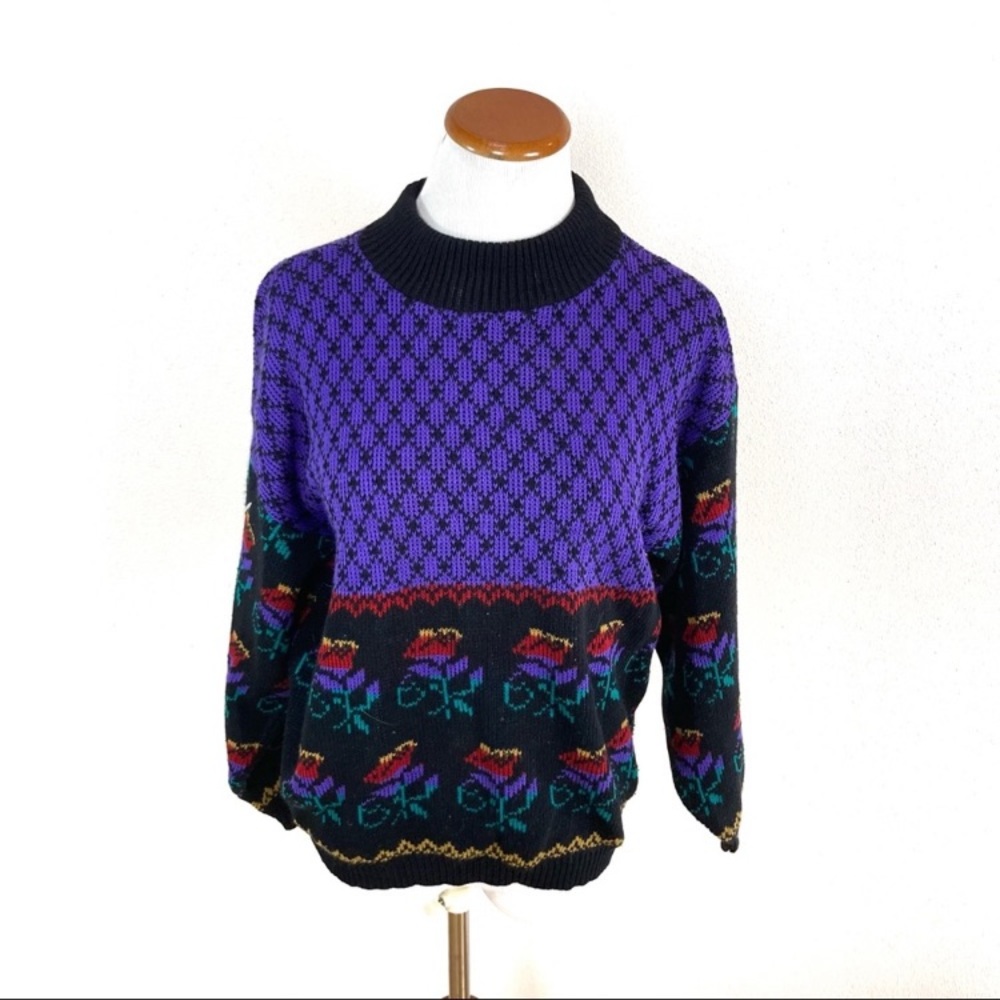 Vintage 80s Arielle Rose Floral Knit Sweater‎ Black Purple Women’s Sz Medium